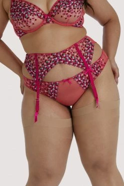 Outlet ⭐ Playful Promises Cherry Embroidery Coral Suspender Belt ❤️ 23 Playful Promises Cherry Embroidery Coral Suspender Belt