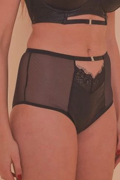 Playful Promises Knickers Aerona Black Lace And Leatherette High Waist Brief