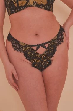 Playful Promises Jaquelina Mustard Contrast Crotchless Thong Curve Outlet