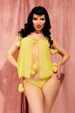 Bettie Page Lingerie Nightwear Dolores Pom Pom Chemise Chartreuse