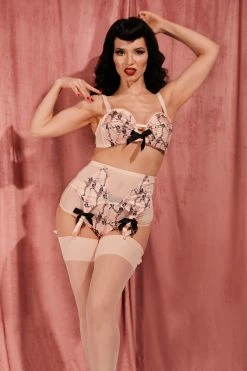 Bettie Page Lingerie Showgirl 4 Straps Stitch Pink Suspender Belt Suspenders