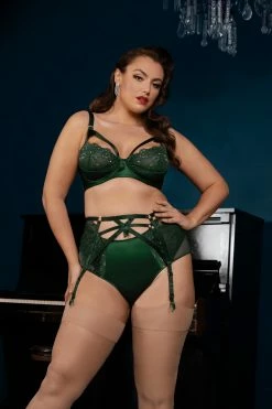 Dita Von Teese Lingerie Madame X Plunge Bottle Green Curve Suspender Belt Suspenders