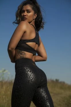 Wolf & Whistle Wet Leopard Look Black Sports Bra