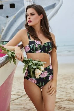 Bettie Page Lingerie Swimwear Eco Claudette Roses Padded Balcony Bikini Top