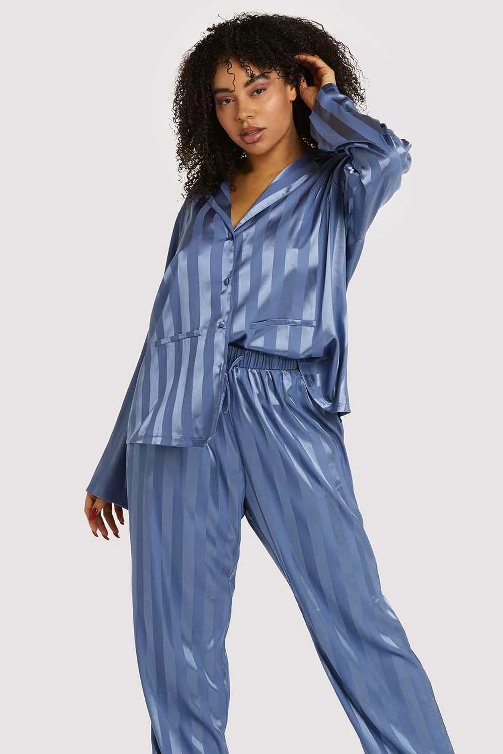 Best Sale 😉 Wolf & Whistle Nightwear Blue Stripe Satin Pyjama Set 😉 4 Wolf & Whistle Nightwear Blue Stripe Satin Pyjama Set