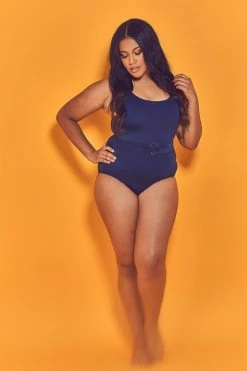 Wolf & Whistle Swimwear Navy Belted Plunge Swimsuit Curve