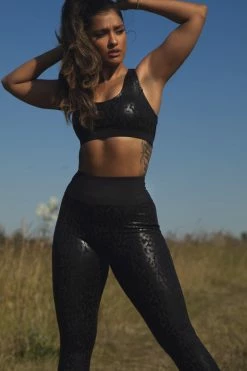 Wolf & Whistle Wet Look Leopard Black Sports Bra Curve
