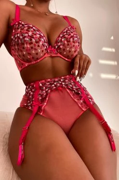 Playful Promises Cherry Embroidery Coral Plunge Bra