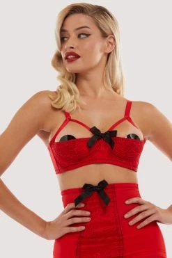 Bettie Page Lingerie Bras Elsie Lace Quarter Cup Bra Red