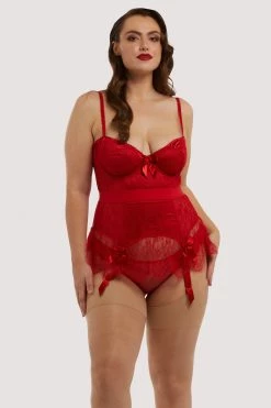 Bettie Page Lingerie Tempest Lace Basque With Bows Red
