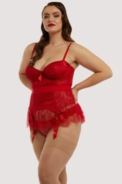Bettie Page Lingerie Tempest Lace Basque With Bows Red