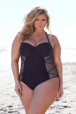 Playful Promises Hunter McGrady Plus Size/Curve Black Mesh Insert Swimsuit Swimwear