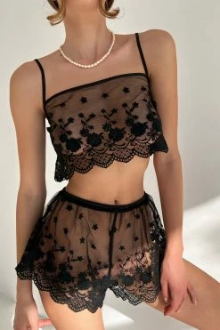 Wolf & Whistle New In Faith Black Sheer Embroidered Cami And Short Set