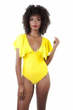 Playful Promises Ruffle Neckline Swimsuit Yellow Swimwear