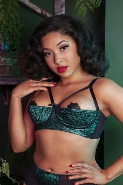 Bettie Page Lingerie Elsie Emerald Lace 1/4 Cup Bra Bras