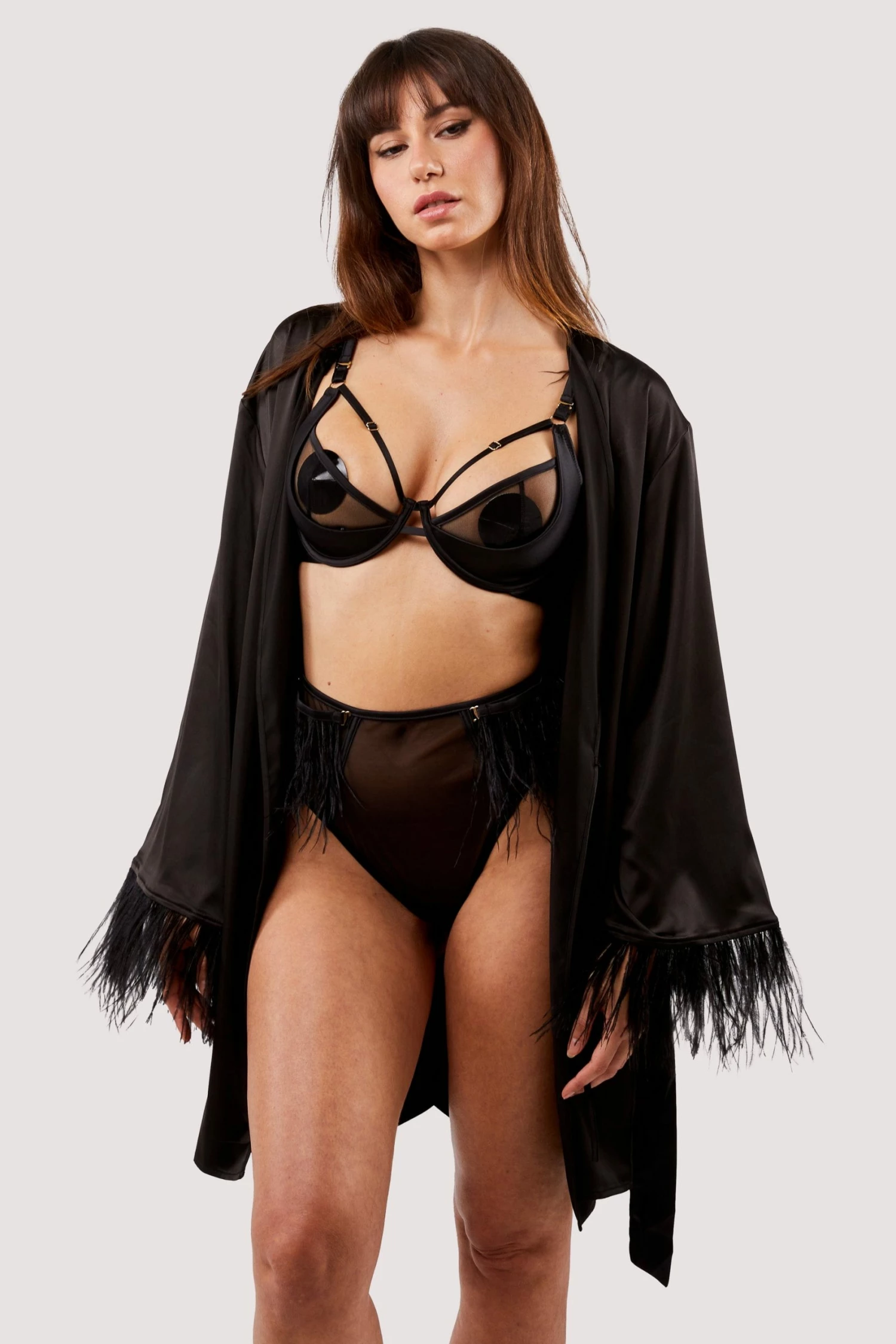 Cheapest ๐ Felicity Hayward X PP Sirus Black Satin And Feather Kimono New In โค๏ธ 1 Felicity Hayward X PP Sirus Black Satin And Feather Kimono New In