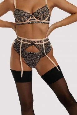 Playful Promises Suspenders Skull & Roses Embroidery Peach Suspender Belt