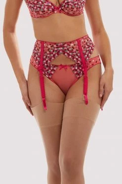 Playful Promises Cherry Embroidery Coral Suspender Belt