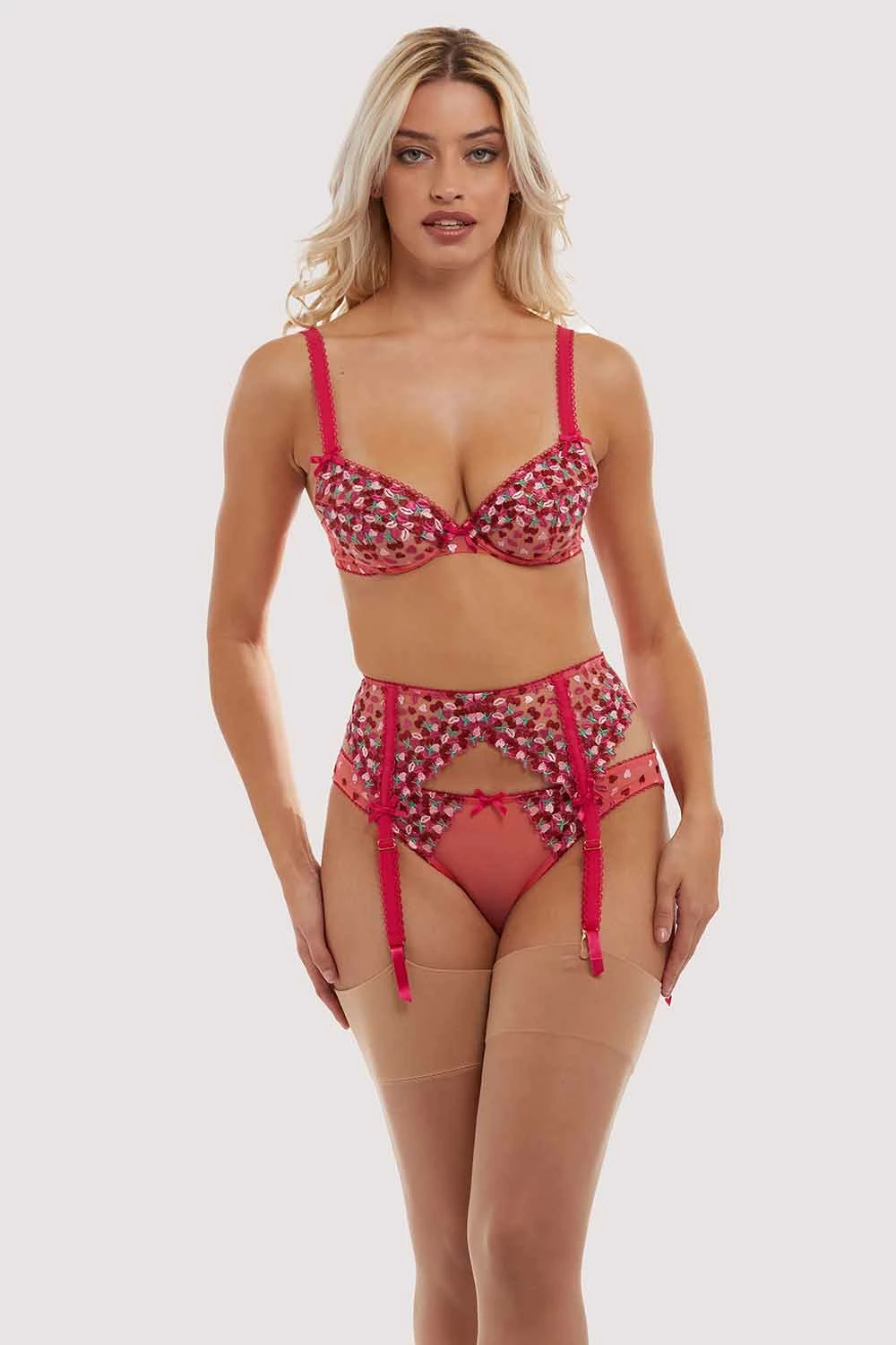 Outlet ⭐ Playful Promises Cherry Embroidery Coral Suspender Belt ❤️ 6 Playful Promises Cherry Embroidery Coral Suspender Belt