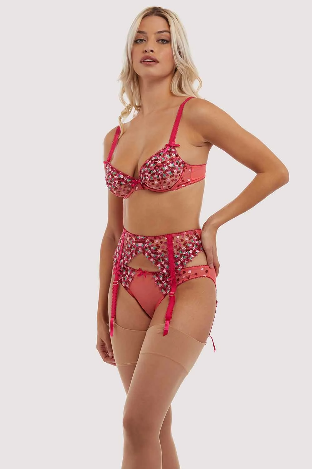 Outlet ⭐ Playful Promises Cherry Embroidery Coral Suspender Belt ❤️ 9 Playful Promises Cherry Embroidery Coral Suspender Belt