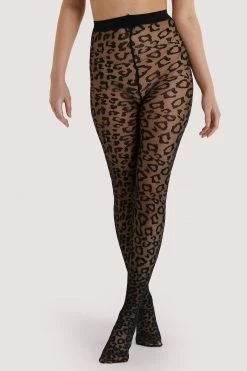 Bettie Page Lingerie Hosiery Leopard Knit Tights - Black US 4 - 18