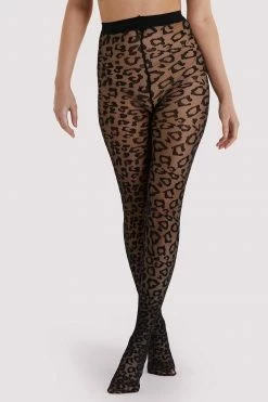 Playful Promises Black/Black Leopard Knit Tights Regular New In Accessories