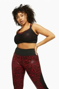 Wolf & Whistle Dark Red And Black Leopard Wet Look Sports Bra Curve