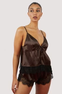 Wolf & Whistle Alaia Chocolate Brown Caged Cami Pyjama Top & Shorts