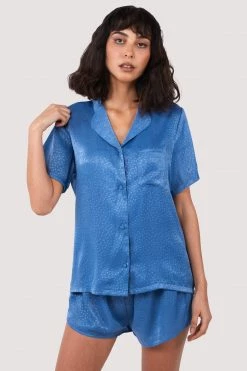 Wolf & Whistle New In Blue Jacquard Pyjama Top & Shorts Set