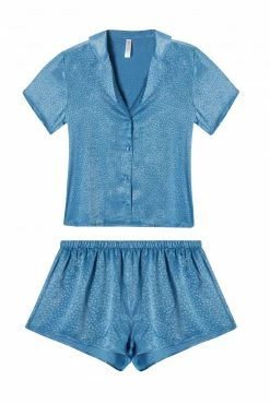 Wolf & Whistle New In Blue Jacquard Pyjama Top & Shorts Set
