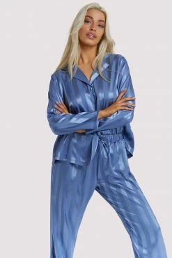Wolf & Whistle Nightwear Blue Stripe Satin Pyjama Set