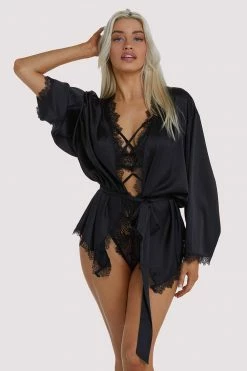 Wolf & Whistle Black Lace Trim Robe