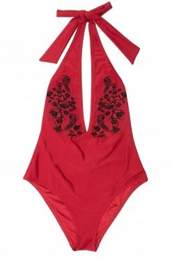 Wolf & Whistle Lana Red Embroidered Plunge Swimsuit Swimwear
