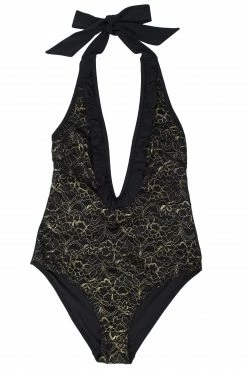 Wolf & Whistle Leah Gold Lace Plunge Swimsuit