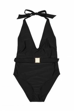 Wolf & Whistle Selki Black Belted Halterneck Swimsuit Curve