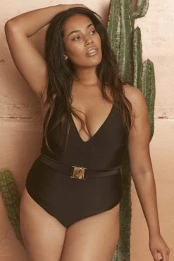 Wolf & Whistle Selki Black Belted Halterneck Swimsuit Curve