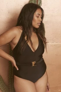 Wolf & Whistle Selki Black Belted Halterneck Swimsuit Curve