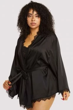 Wolf & Whistle Black Lace Trim Robe
