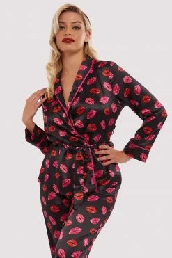 Bettie Page Lingerie Kiss Print Tie PJ Top And Bottom