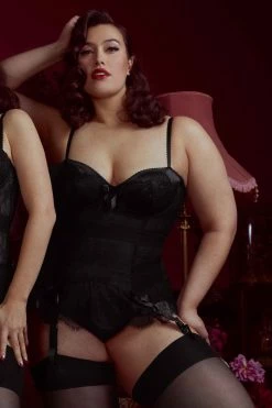 Bettie Page Lingerie Basques & Corsets Tempest Black Lace Basque With Bows